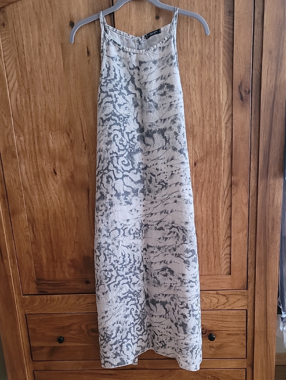 Italian 100% Linen Light Gray Patterned Sleeveless Maxi Dress
